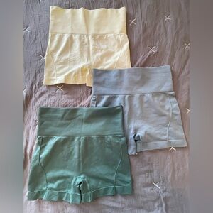 Set of Three Seamless Workout Shorts in Green, Yellow, and Powder Blue